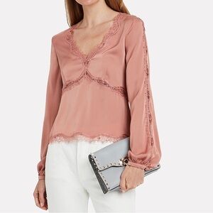 INTERMIX Dusty Rose Lace-Trim V-Neck Blouse